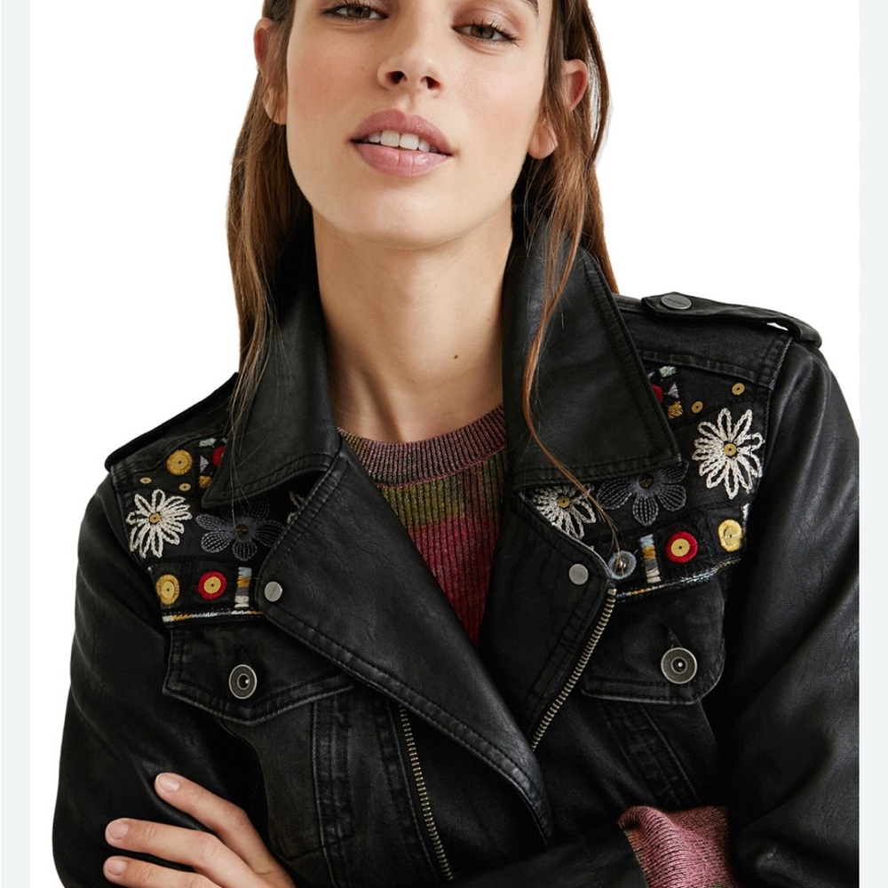 Desigual Embroidered Black Leather and denim Jacket NWT